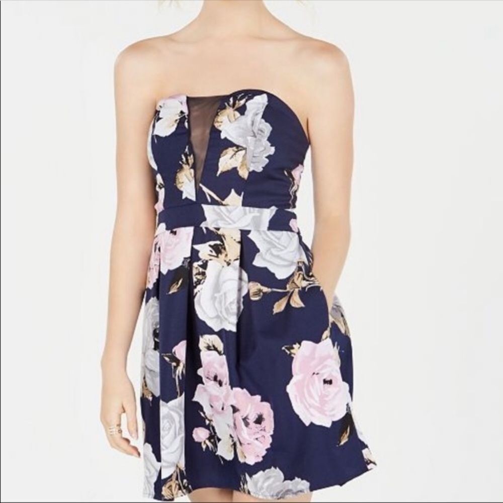 Speechless Junior Navy Blue Floral Strapless Dress Size 5